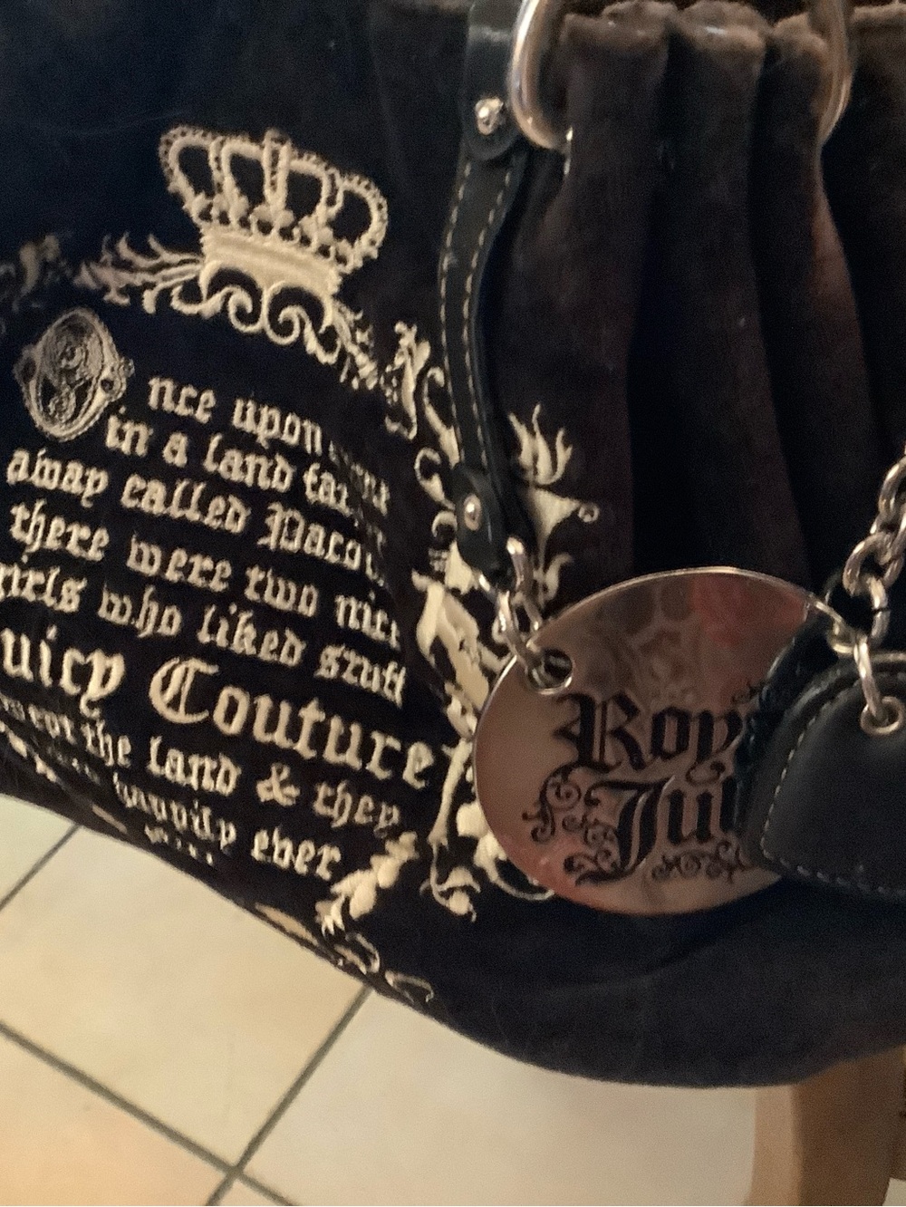 Royal Juicy Couture Black Leather and Thick Brown Velvet Bag with Silver Chain. - Picture 2 of 16